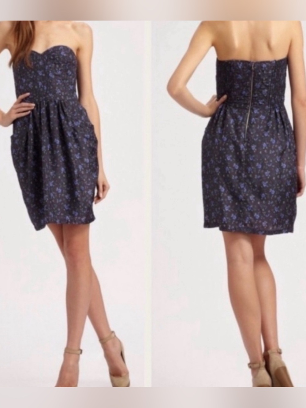 Rebecca Taylor Navy Strapless Silk Corset Floral Dress size 6 #1081